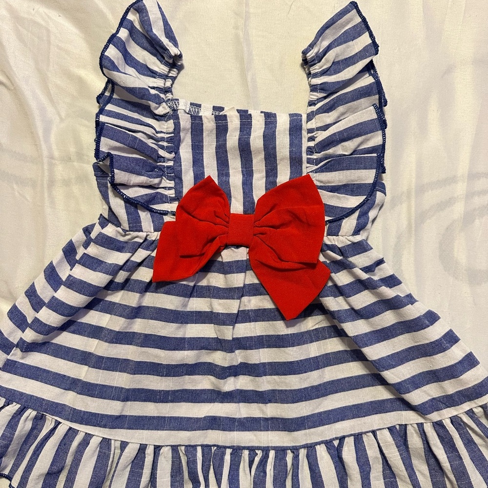SHEIN Blue and White Striped Dress with Red Bow
